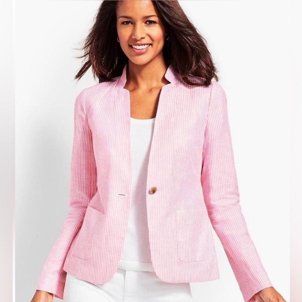 Talbots Aberdeen Stripe Linen Blazer Women Size 2P Pink and White
